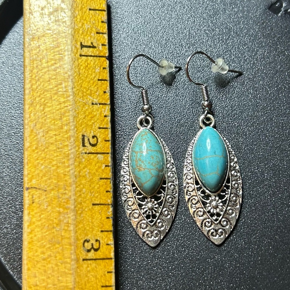 Silver-tone and Faux Turquoise Earrings - Picture 2 of 4